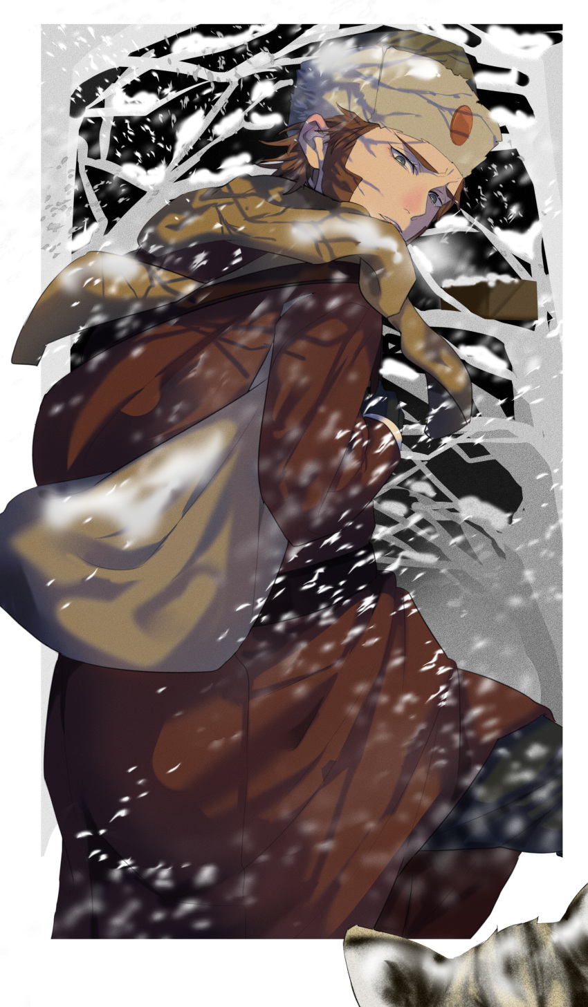 1boy, absurdres, bag, bare_tree, border, brown_hair, coat, golden_kamuy