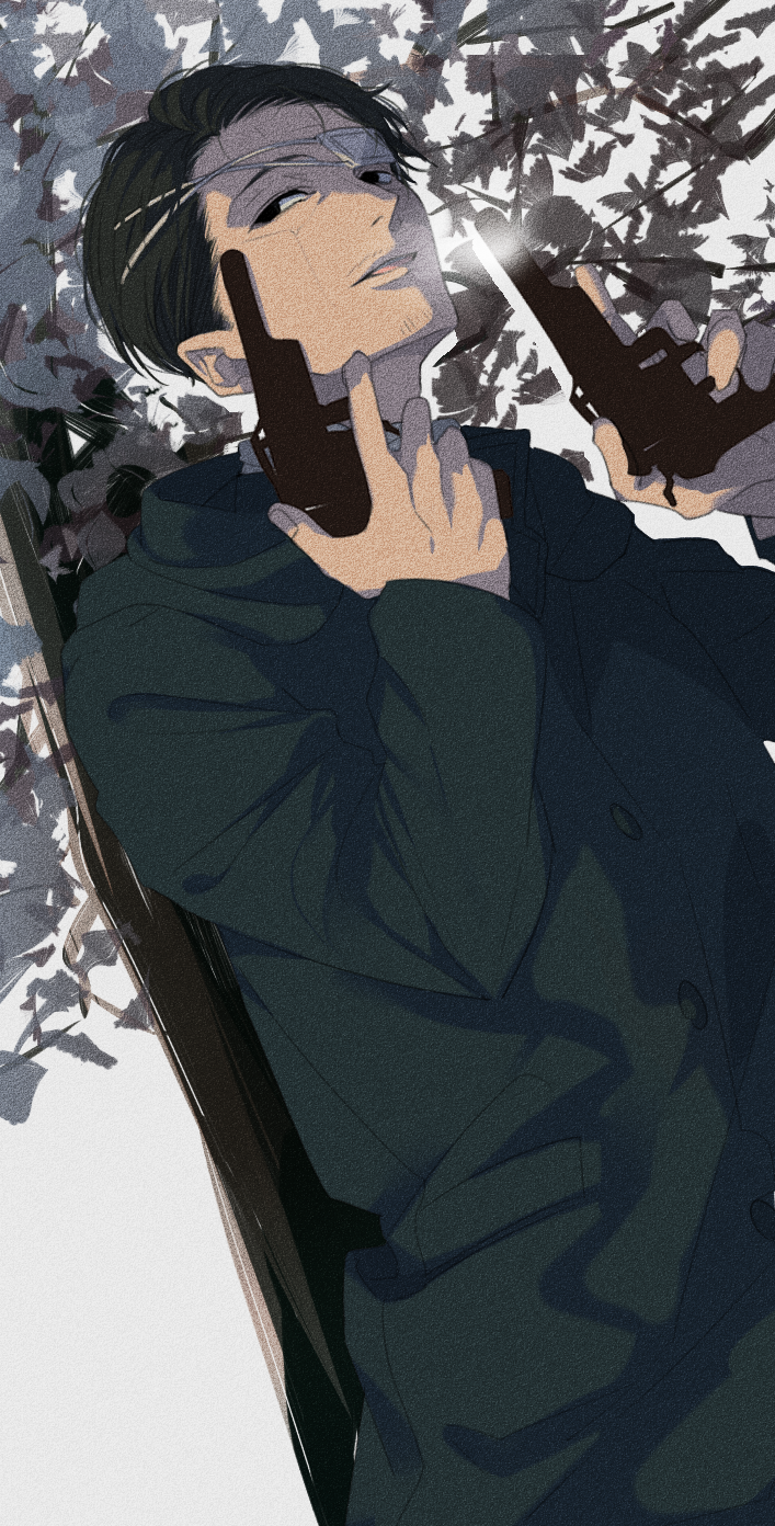 1boy, black_eyes, black_hair, coat, day, dual_wielding, eyepatch, eyepatch_removed