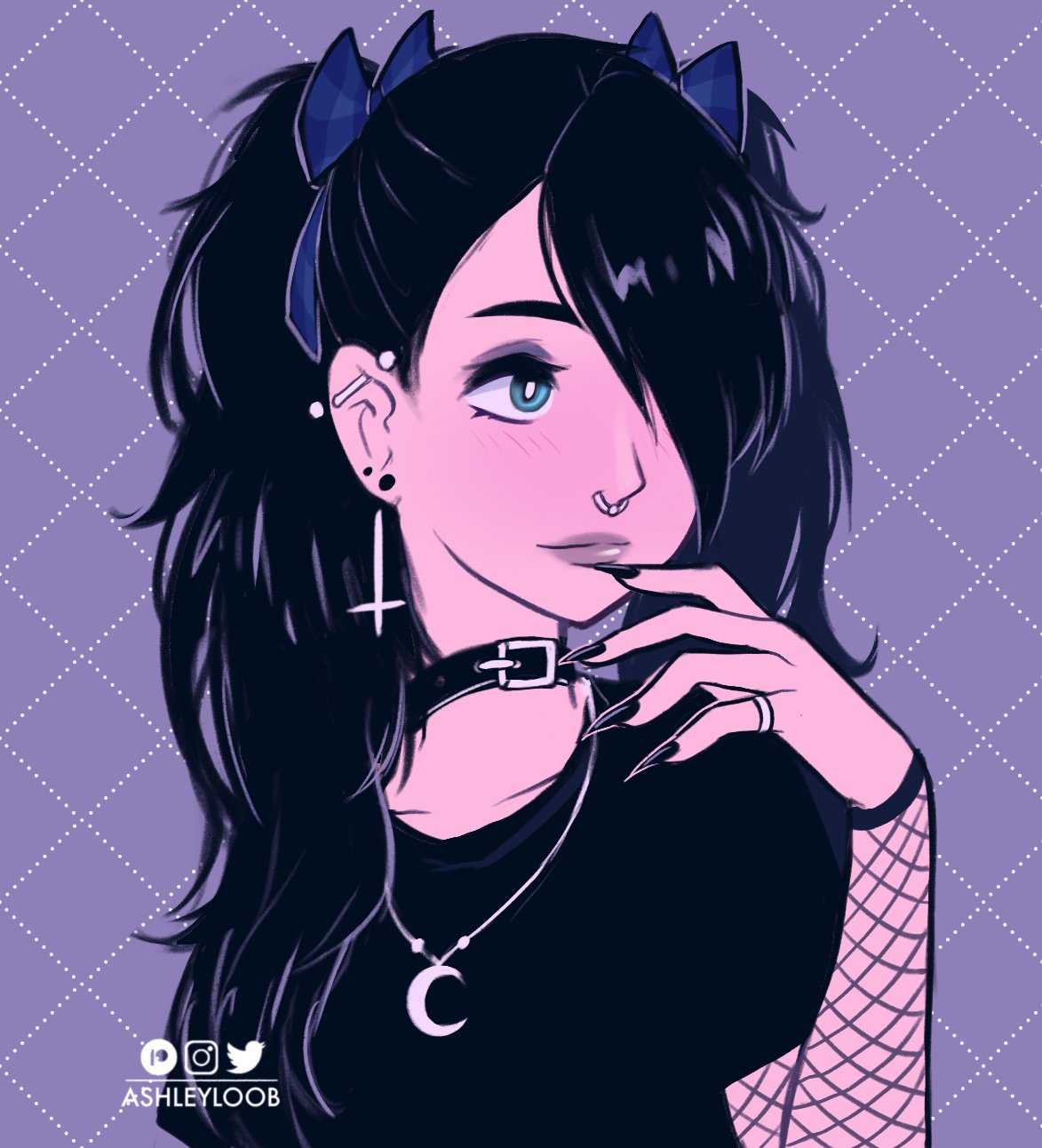 1girl, artist_name, ashleyloob, barbell_piercing, black_choker, black_hair, black_nails, black_shirt
