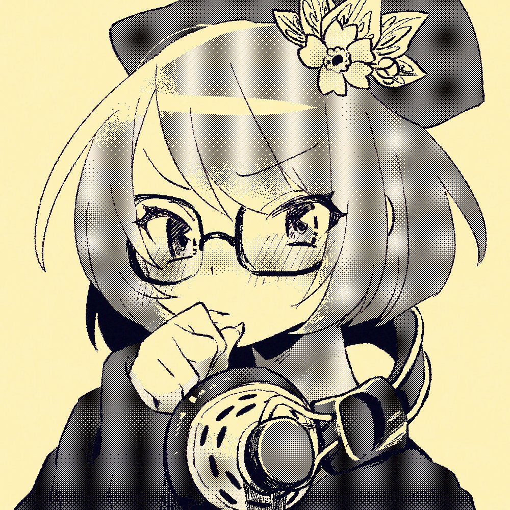 1girl, benten_(housamo), blush, commentary_request, flower, glasses, halftone, hand_to_own_mouth