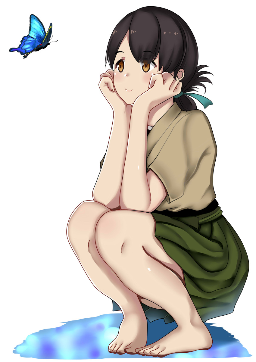 1girl, absurdres, bangs, barefoot, black_hair, blue_ribbon, brown_eyes, brown_kimono