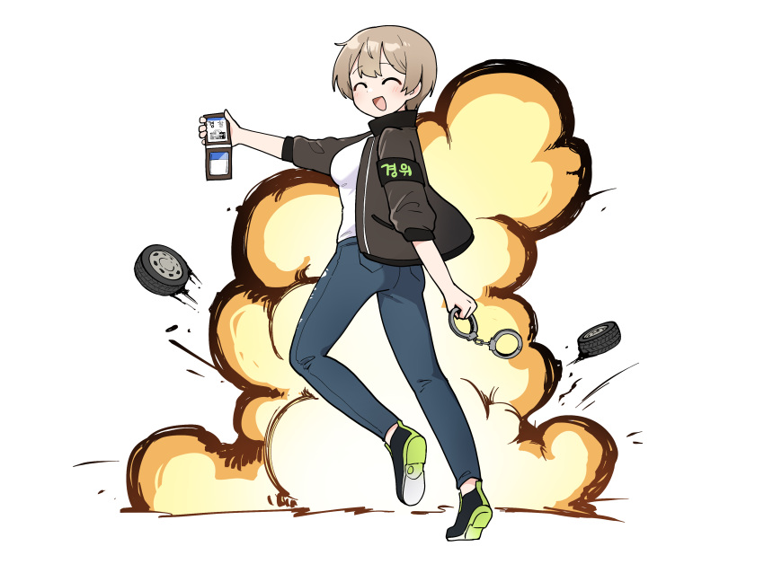 1girl, absurdres, armband, artist_request, bangs, black_jacket, breasts, counter:side, cuffs, denim, explosion, handcuffs, highres, holding, holding_handcuffs, jacket, jeans, korean_text, lee_yumi_(counter:side), medium_breasts, official_art, open_clothes, open_jacket, open_mouth, pants, shirt, short_hair, solo, tire, translation_request, wheel, white_shirt