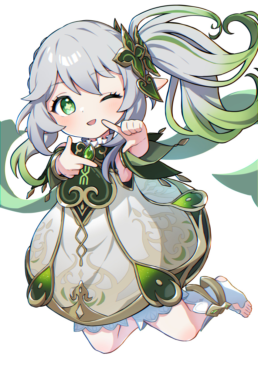 1girl, ;d, absurdres, clover-shaped_pupils, finger_frame, full_body, genshin_impact, gradient_hair