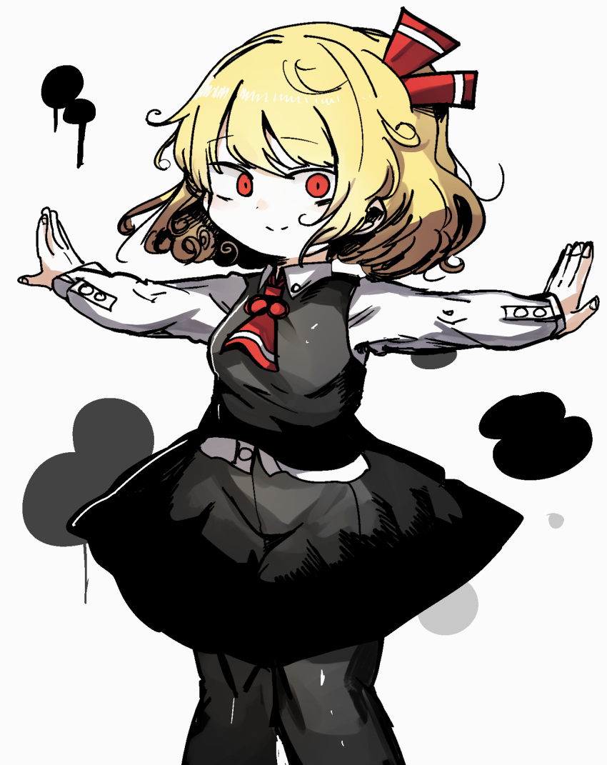1girl, andanon, ascot, bangs, black_skirt, black_vest, blonde_hair, closed_mouth, hair_ribbon, highres, long_sleeves, looking_at_viewer, outstretched_arms, red_ascot, red_eyes, red_ribbon, ribbon, rumia, shirt, short_hair, skirt, smile, solo, touhou, vest, white_background, white_shirt