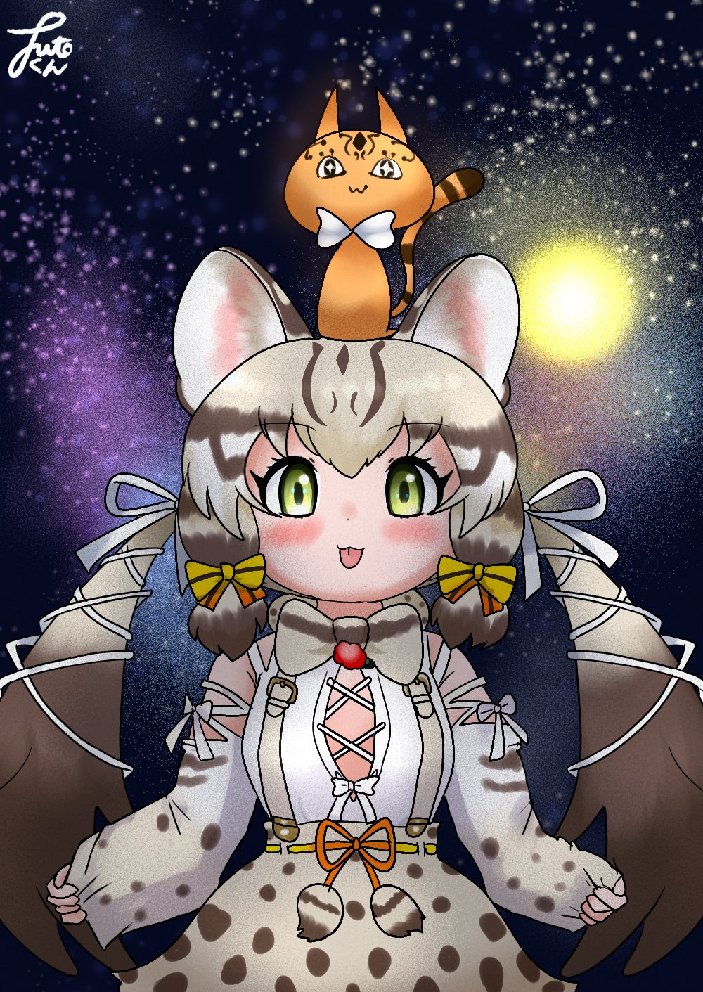 1girl, animal_costume, animal_ear_fluff, animal_ears, bow, bowtie, cat_ears, cat_girl, cat_tail, extra_ears, futo_utsu, geoffroy's_cat_(kemono_friends), green_eyes, grey_hair, highres, kemono_friends, kemono_friends_v_project, long_hair, looking_at_viewer, microphone, multicolored_hair, ribbon, shirt, skirt, suspenders, tail, tongue, twintails, virtual_youtuber