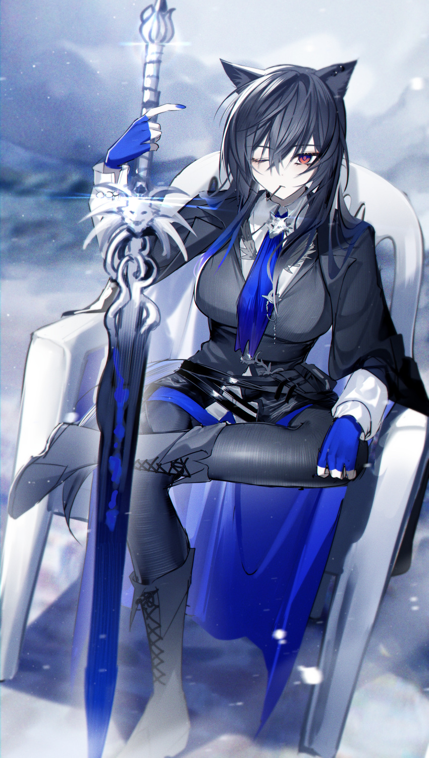 1girl, absurdres, animal_ears, arknights, black_footwear, black_hair, black_jacket, black_pantyhose, blue_gloves, blue_nails, blue_necktie, boots, breasts, collared_shirt, figure_four_sitting, fingerless_gloves, food, full_body, gloves, highres, holding, holding_sword, holding_weapon, jacket, large_breasts, long_hair, mouth_hold, necktie, ninshi, official_alternate_costume, one_eye_closed, pantyhose, planted, planted_sword, pocky, red_eyes, shirt, sitting, sword, texas_(arknights), texas_the_omertosa_(arknights), weapon, white_shirt, wolf_ears, wolf_girl