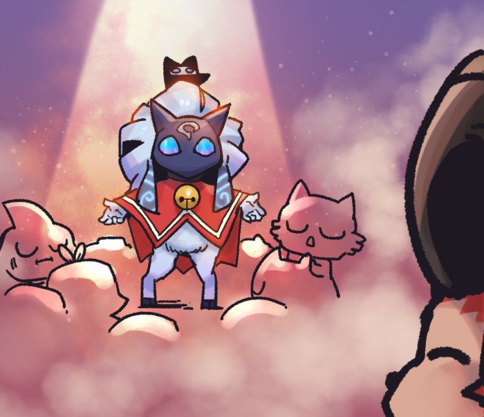 1girl, :i, bell, cape, closed_eyes, cosplay, cult_of_the_lamb, full_body, furry, furry_female, green_eyes, grey_hair, horns, kindred_(league_of_legends), league_of_legends, long_hair, multiple_others, neck_bell, phantom_ix_row, red_cape, shiny, shiny_hair, spotlight, standing, the_lamb_(cult_of_the_lamb), the_lamb_(cult_of_the_lamb)_(cosplay), wolf_(league_of_legends)