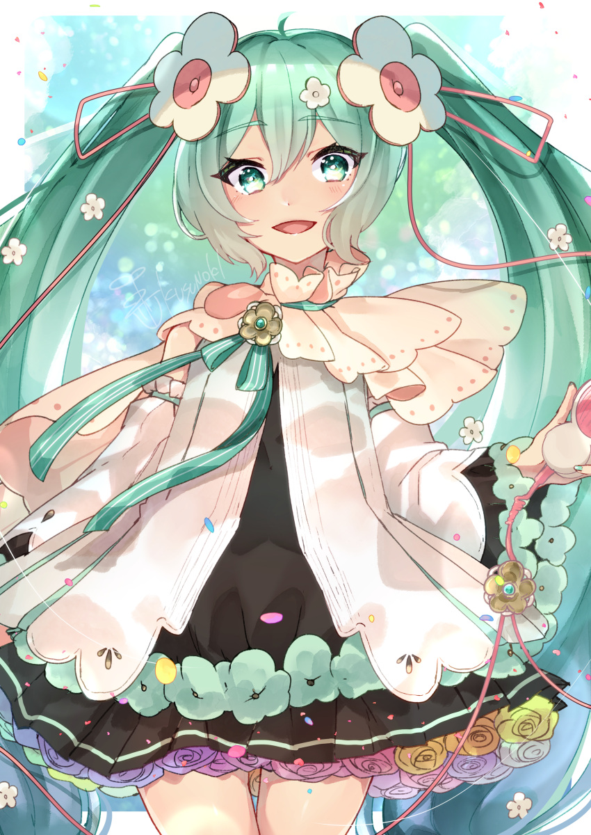 1girl, absurdres, bangs, flower, green_eyes, green_hair, green_ribbon, hair_between_eyes