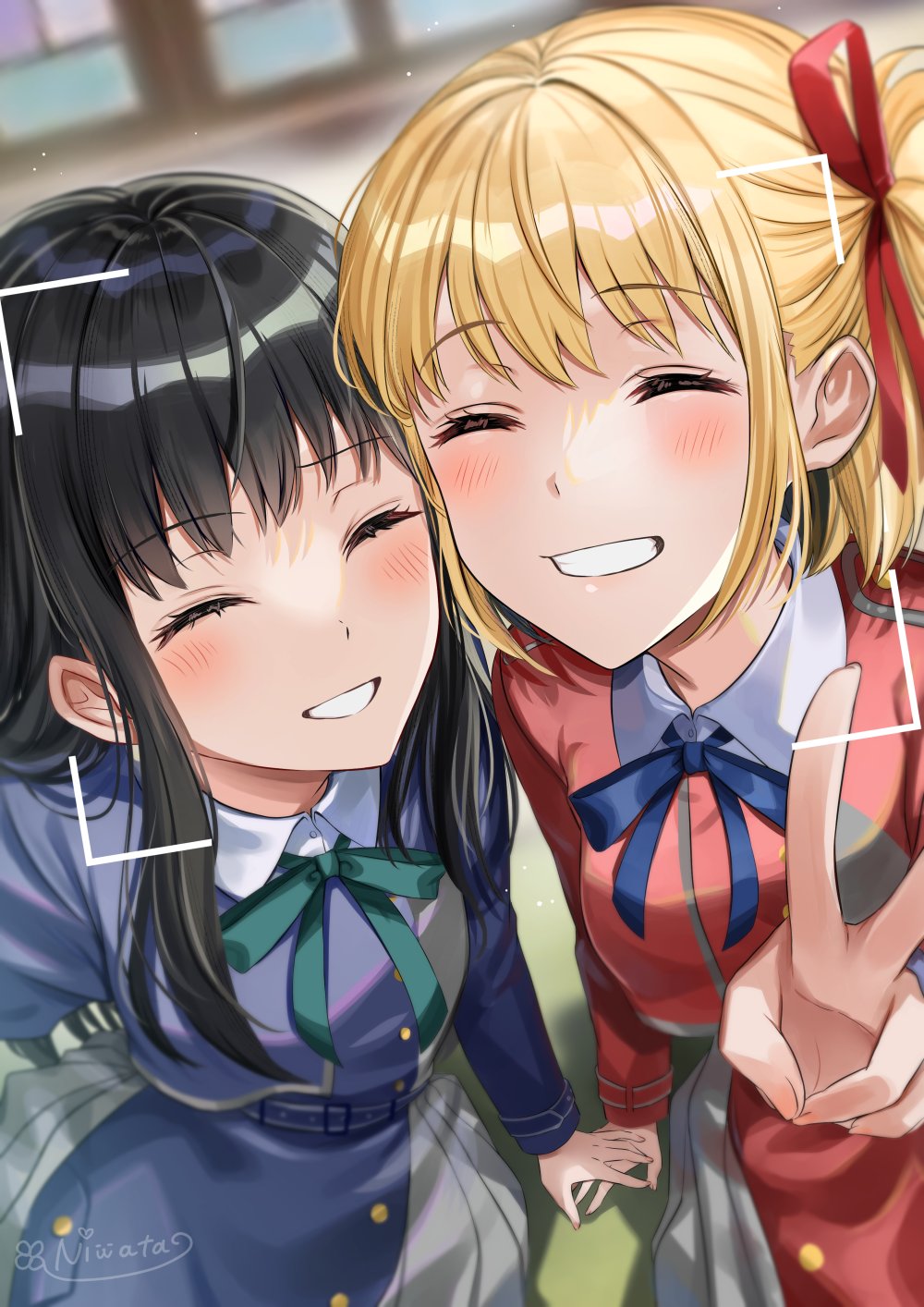 2girls, black_hair, blonde_hair, blue_ribbon, blue_shirt, blush, camera, camera_lens