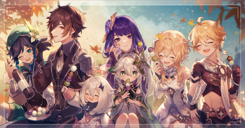 3boys, 4girls, :d, aether_(genshin_impact), bard, black_gloves, black_hair, blonde_hair