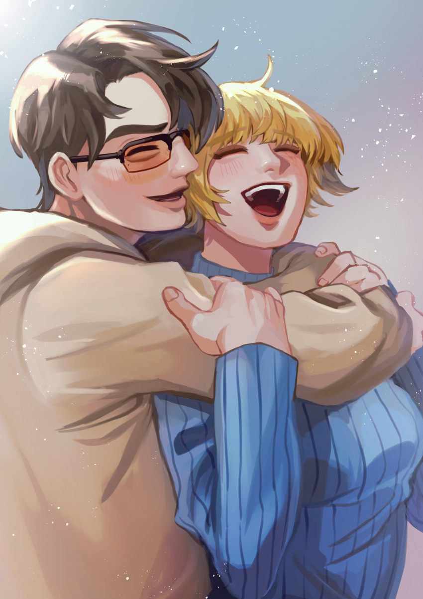 1boy, 1girl, :d, ^_^, absurdres, apex_legends, black_hair, blonde_hair