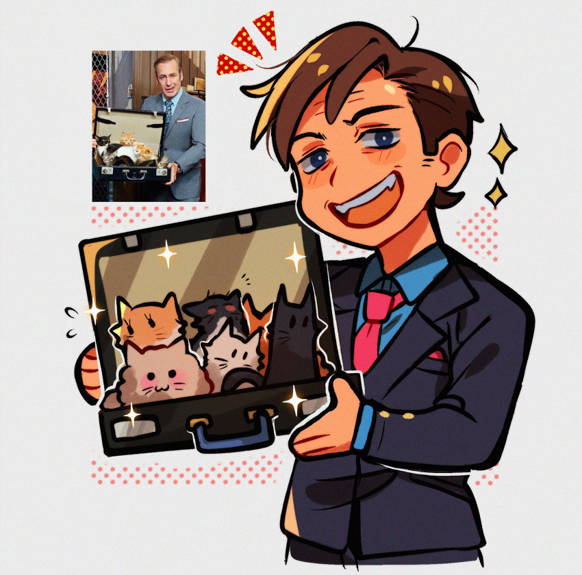 1boy, :d, better_call_saul, breaking_bad, briefcase, brown_hair, cat, formal
