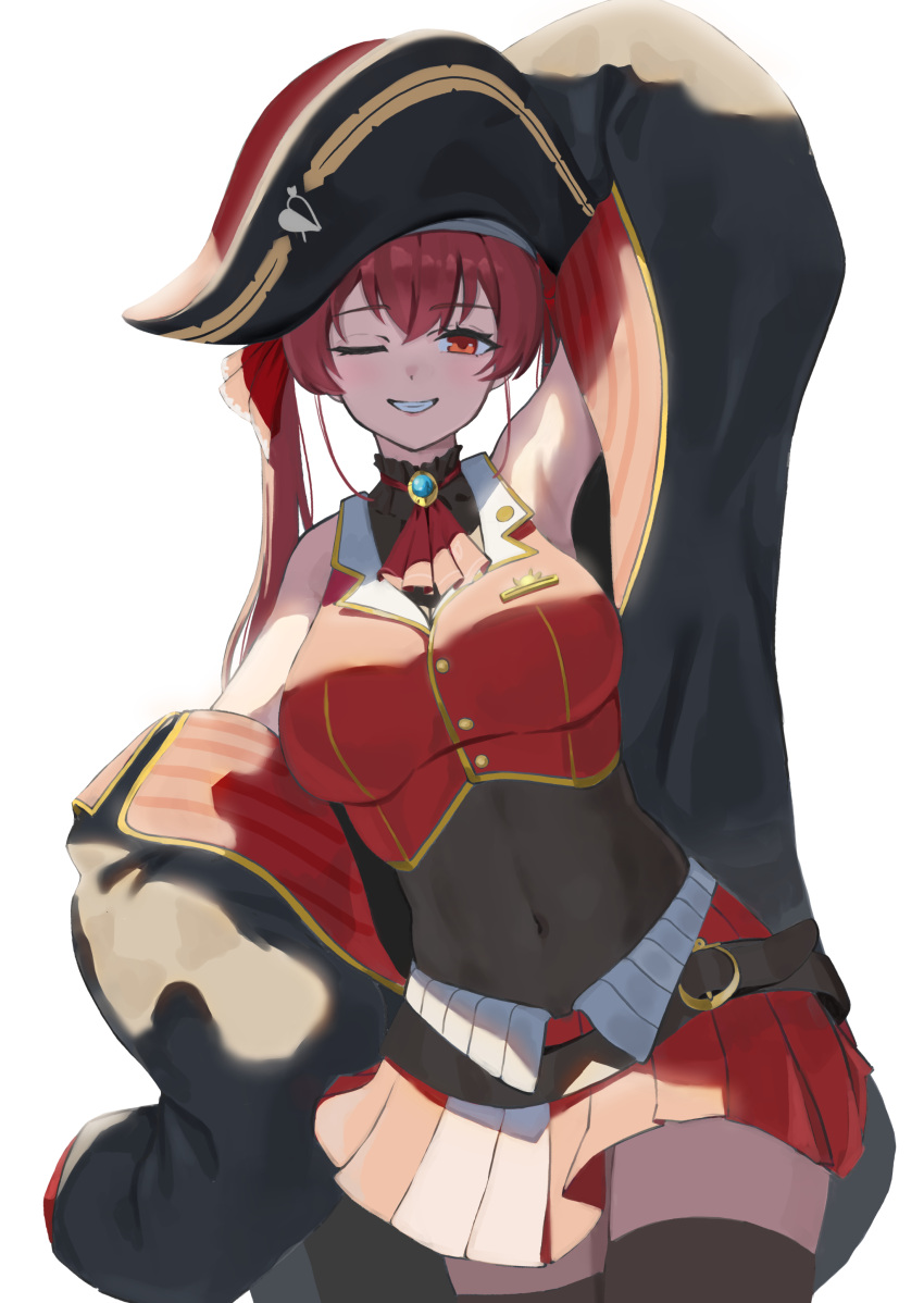 1girl, absurdres, ascot, bangs, belt, bicorne, black_belt, black_headwear, black_jacket, black_leotard, black_thighhighs, blue_gemstone, breasts, buttons, clenched_teeth, commentary, covered_navel, cowboy_shot, english_commentary, gem, gold_trim, hair_between_eyes, hair_ribbon, hand_on_headwear, hat, highres, hololive, houshou_marine, jacket, jacket_partially_removed, large_breasts, leotard, leotard_under_clothes, long_hair, long_sleeves, looking_at_viewer, natoriusu_sansei, one_eye_closed, open_clothes, open_jacket, open_mouth, pirate, pleated_skirt, red_ascot, red_eyes, red_ribbon, red_shirt, red_skirt, redhead, ribbon, see-through, see-through_leotard, shirt, simple_background, skirt, sleeveless, sleeveless_shirt, smile, solo, teeth, thigh-highs, twintails, virtual_youtuber, white_background
