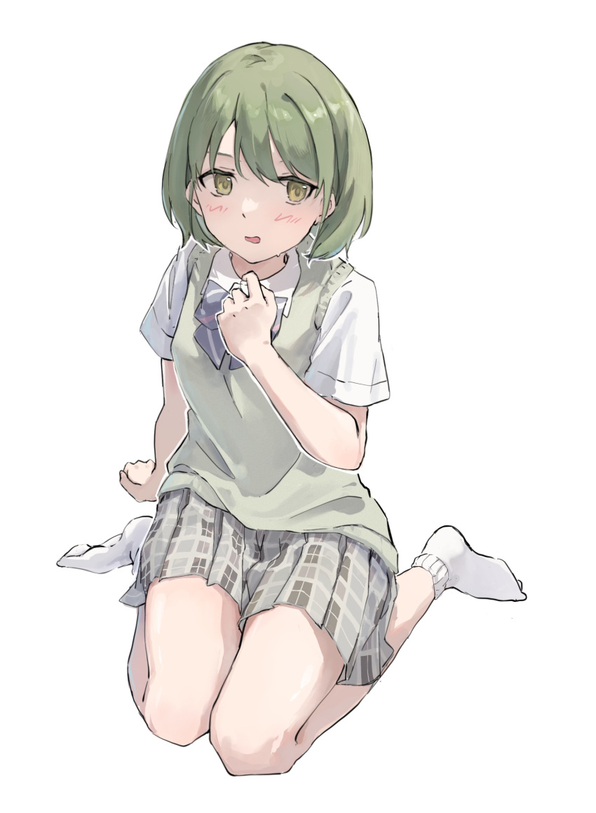 1girl, blue_ribbon, green_eyes, green_hair, hand_on_own_chest, highres, idolmaster, idolmaster_shiny_colors