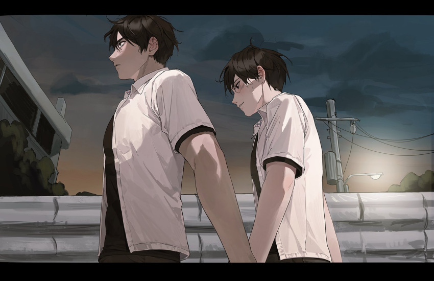 2boys, black_border, black_hair, black_shirt, blush, border, clouds, cloudy_sky, collared_shirt, evening, expressionless, from_below, grin, holding_hands, huh_1222, kim_dokja, korean_commentary, lamppost, male_focus, multiple_boys, omniscient_reader's_viewpoint, school_uniform, shirt, short_hair, short_sleeves, sky, smile, sweatdrop, yoo_joonghyuk