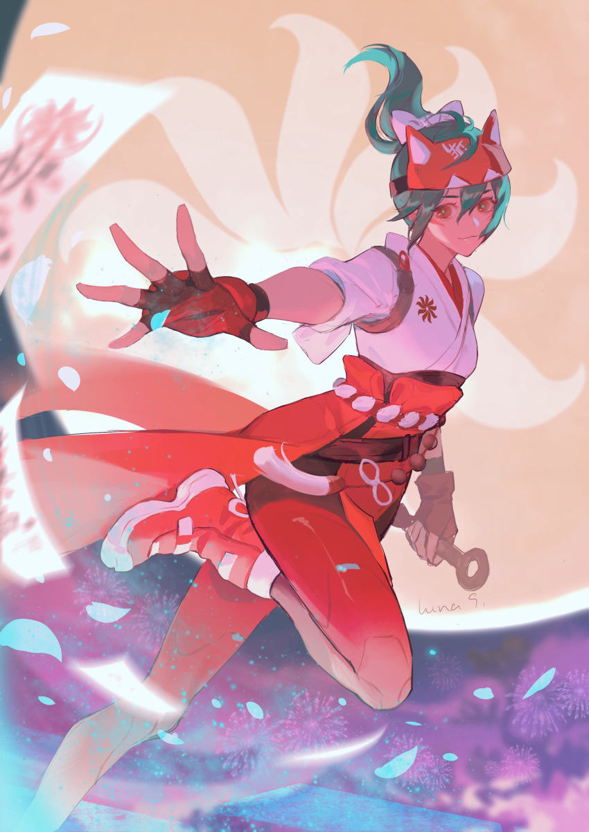 1girl, absurdres, artist_name, blurry, blurry_foreground, bow, brown_eyes, colored_shoe_soles, commentary, english_commentary, facial_mark, fingerless_gloves, fireworks, flower, foot_up, foreshortening, fox_mask, gloves, green_hair, hair_bow, half_mask, high_ponytail, highres, holding, holding_weapon, japanese_clothes, kimono, kiriko_(overwatch), kunai, looking_at_viewer, luna-9, mask, ninja, ofuda, outstretched_hand, overwatch, overwatch_2, petals, red_footwear, red_gloves, rope_belt, signature, solo, spread_fingers, standing, standing_on_one_leg, weapon, white_bow, white_footwear, white_kimono