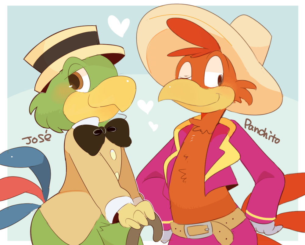 2016, 2boys, beak, belt, bird, bird_tail, black_bow, black_bowtie
