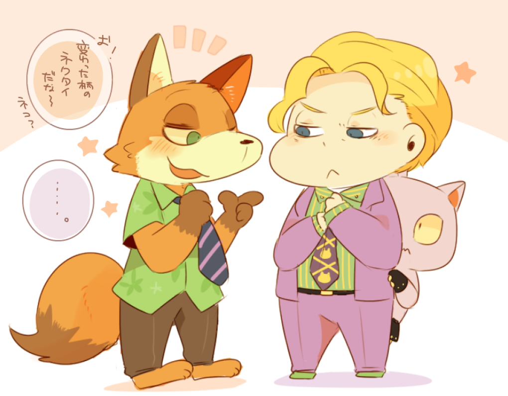..., 0_0, 2016, :3, animal_ears, blonde_hair, blue_eyes, blush, blush_stickers, chibi, closed_mouth, collared_shirt, colored_sclera, crossover, disney, eye_contact, floral_print, formal, fox, fox_ears, fox_tail, furry, green_eyes, green_footwear, green_shirt, hawaiian_shirt, hyaku_(g-kawayusu), jacket, jojo_no_kimyou_na_bouken, killer_queen, kira_yoshikage, looking_at_another, male_focus, multiple_boys, necktie, nick_wilde, one_eye_closed, orange_fur, pants, purple_jacket, purple_pants, scared, shirt, signature, simple_background, star_(symbol), striped, striped_shirt, suit, tail, talking, translation_request, vertical-striped_shirt, vertical_stripes, yellow_sclera, zootopia