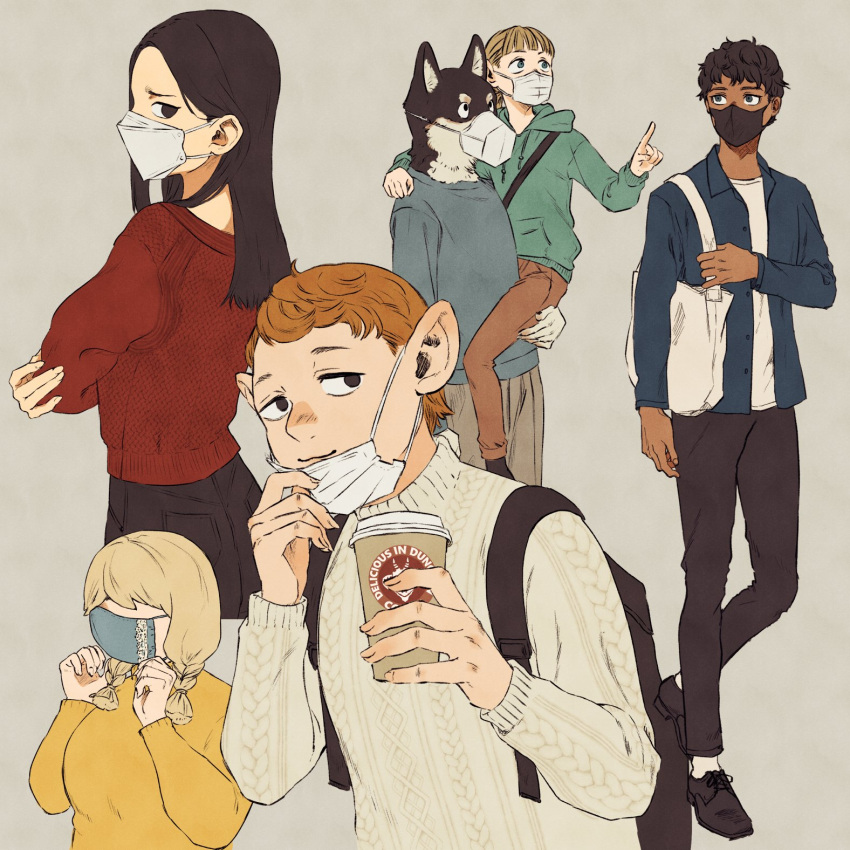 2girls, 4boys, alternate_race, black_hair, blonde_hair, blue_eyes, brown_eyes, coffee_cup