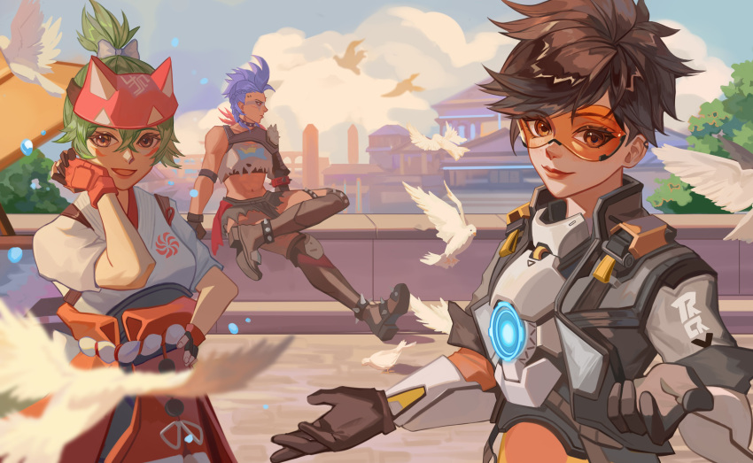 :d, abs, absurdres, bangs, bare_shoulders, bird, blue_hair, blue_sky