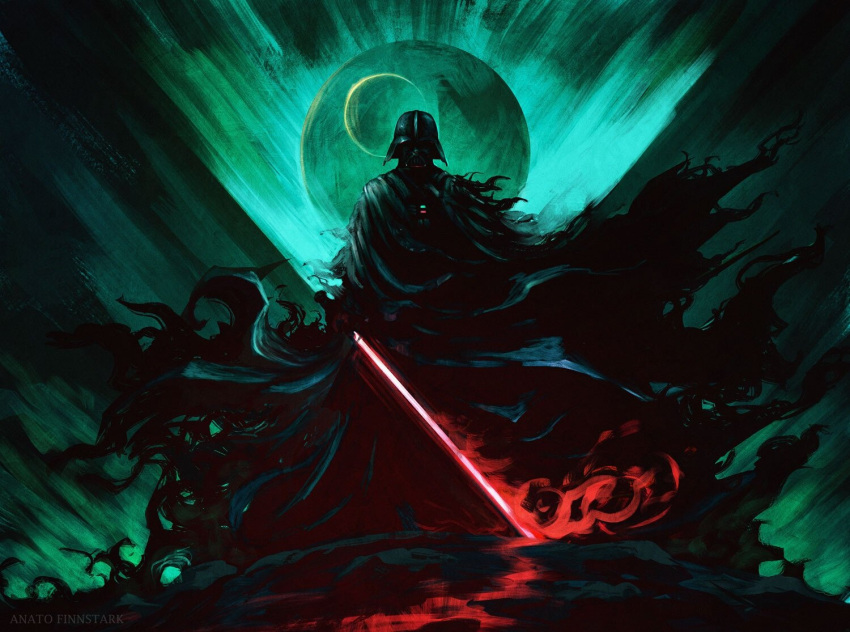 1boy, anato_finnstark, armor, black_cloak, cape, cloak, cyborg, darth_vader, energy_sword, english_commentary, fantasy, full_moon, helmet, holding, lightsaber, looking_at_viewer, lucasfilm, male_focus, moon, night, night_sky, outdoors, science_fiction, sky, solo, star_wars, sword, weapon