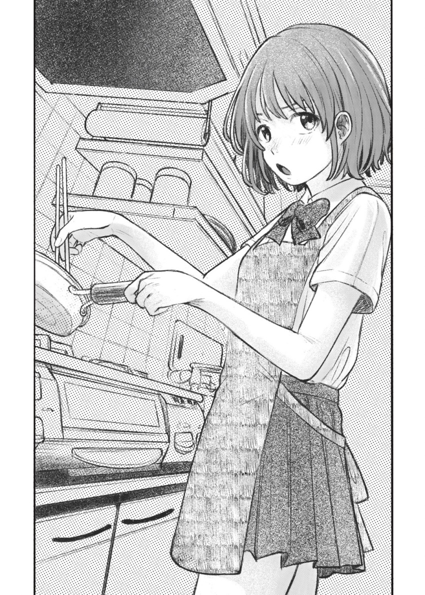 1girl, apron, chopsticks, cooking, greyscale, highres, holding, holding_chopsticks