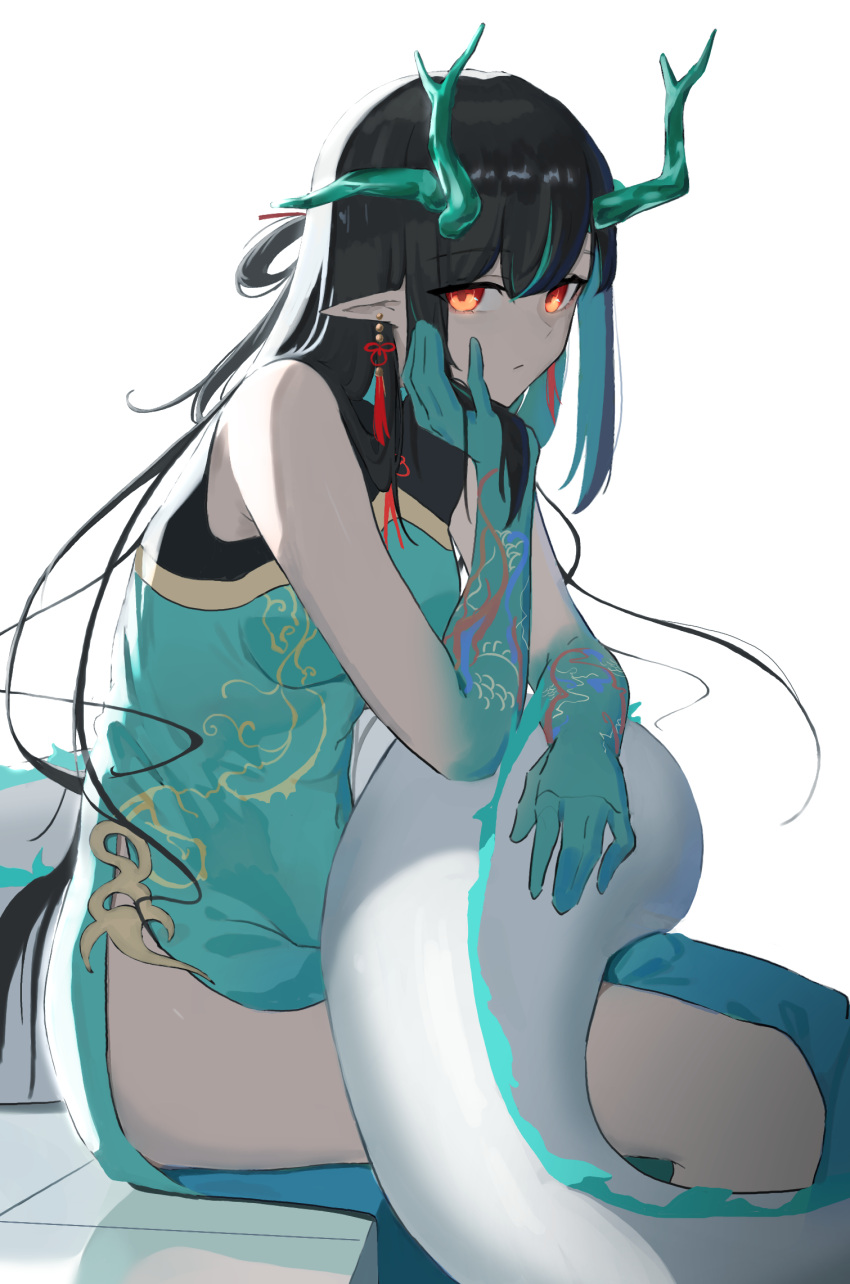1girl, aqua_dress, aqua_hair, aqua_skin, arknights, black_hair, breasts, china_dress