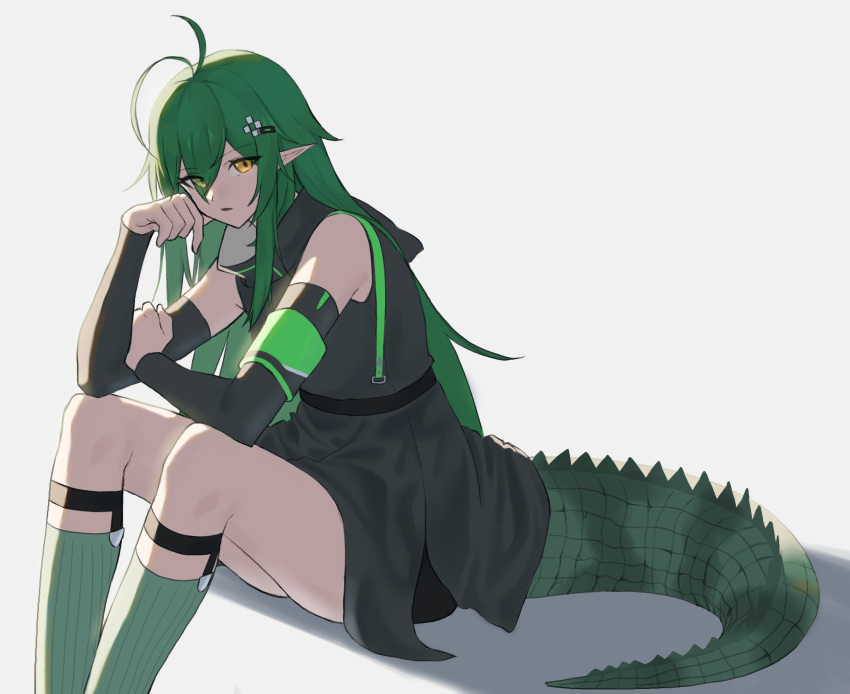 1girl, ahoge, arknights, black_dress, commentary, crocodilian_tail, detached_sleeves, dress