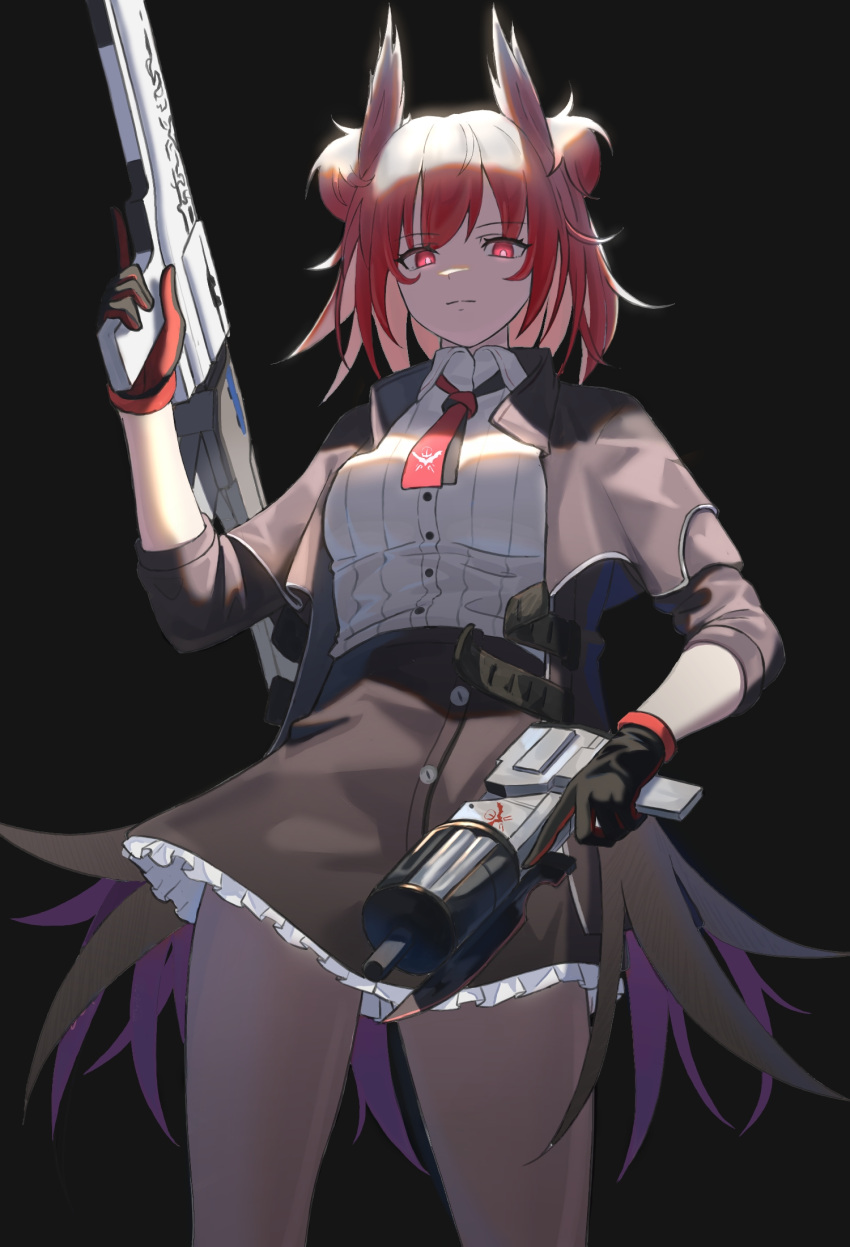 1girl, animal_ears, arknights, bird_ears, black_background, black_gloves, black_jacket, black_necktie