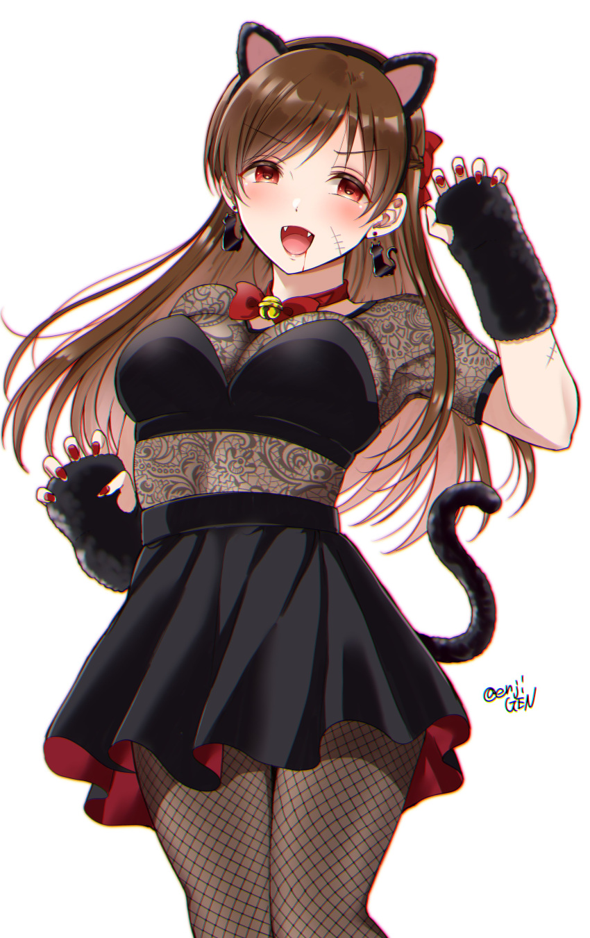 1girl, absurdres, animal_ears, artist_name, bangs, bell, black_dress, black_gloves