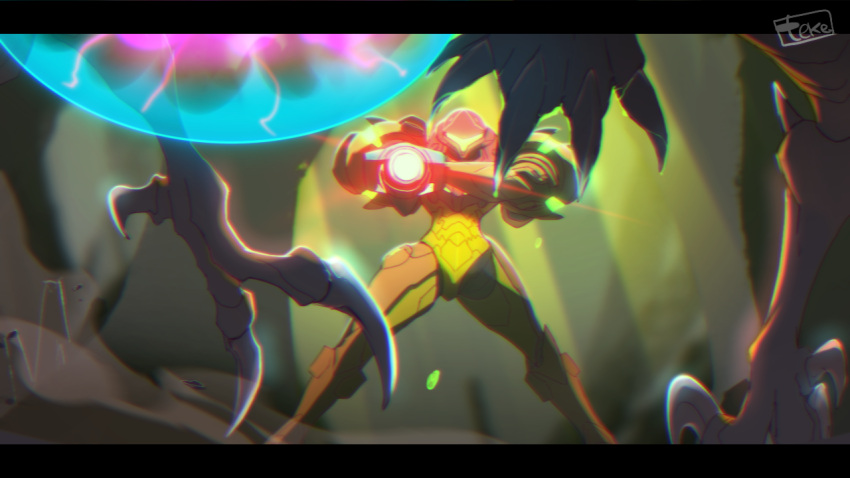 arm_cannon, armor, cave, claws, looking_at_another, looking_at_viewer, metroid, power_armor