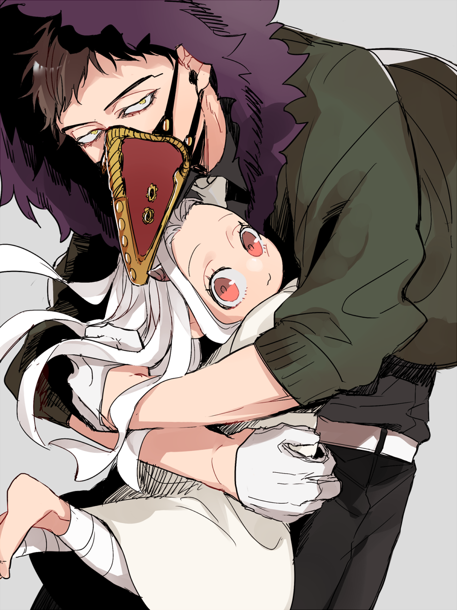 1boy, 1girl, 2018, bandaged_leg, bandages, boku_no_hero_academia, brown_hair, cheek_press