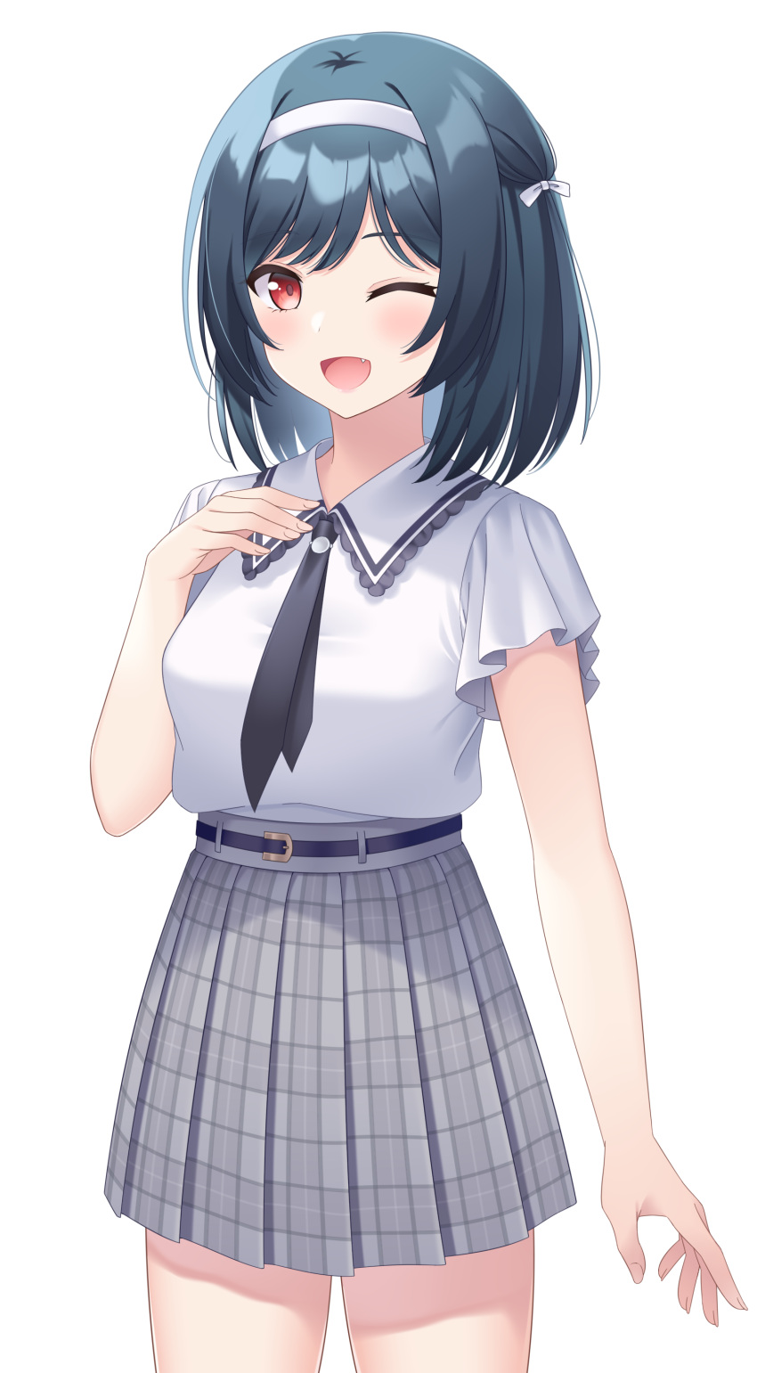 1girl, absurdres, armband, bangs, belt, black_hair, brysinggamen, commentary_request, cowboy_shot, fang, hair_ribbon, highres, love_live!, love_live!_nijigasaki_high_school_idol_club, mifune_shioriko, neck, nijigasaki_academy_school_uniform, one_eye_closed, open_mouth, plaid, pleated_skirt, red_eyes, ribbon, school_uniform, short_hair, simple_background, skirt, solo, swept_bangs, white_background