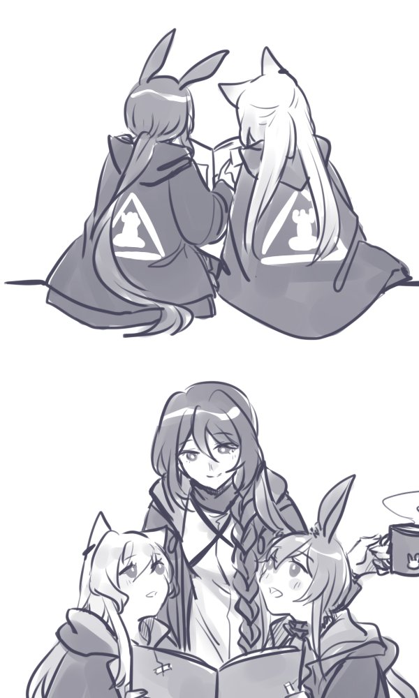 3girls, :d, amiya_(arknights), animal_ears, arknights, bangs, blush, braid, cat_ears, cloak, closed_mouth, cup, doctor_(arknights), female_doctor_(arknights), greyscale, hair_between_eyes, holding, holding_cup, hood, hood_up, hooded_cloak, hooded_jacket, jacket, kunogawa, long_hair, low_ponytail, monochrome, mug, multiple_girls, open_clothes, open_jacket, rabbit_ears, rosmontis_(arknights), shirt, simple_background, single_braid, sitting, smile, tape, very_long_hair, white_background