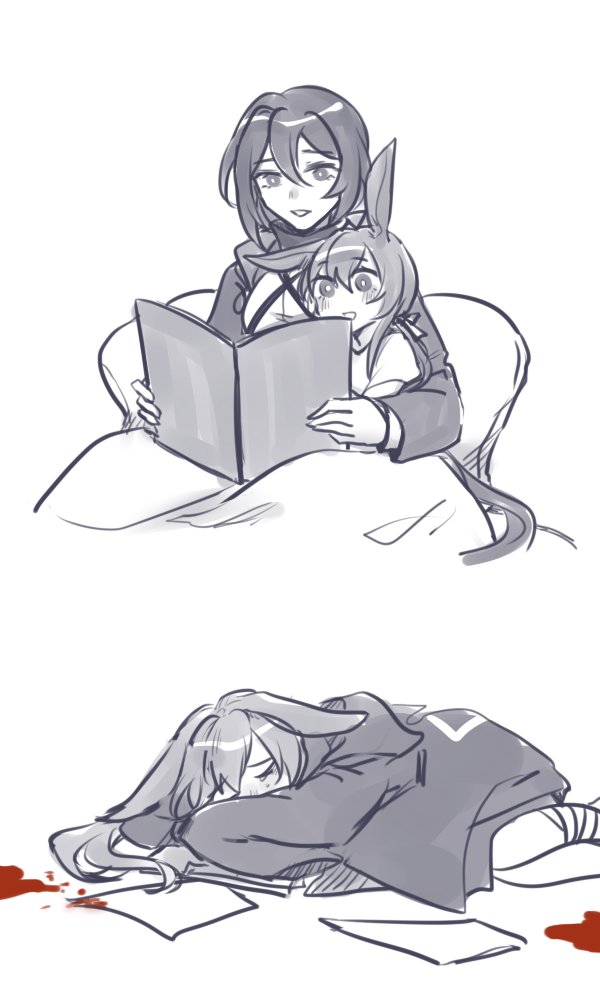 2girls, amiya_(arknights), animal_ears, arknights, bandaged_leg, bandages, bangs, blood, blush, closed_eyes, doctor_(arknights), feet_out_of_frame, female_doctor_(arknights), hair_between_eyes, jacket, kunogawa, long_hair, monochrome, multiple_girls, open_clothes, open_jacket, parted_lips, pillow, puffy_short_sleeves, puffy_sleeves, rabbit_ears, shirt, short_sleeves, simple_background, smile, tears, unaligned_ears, very_long_hair, white_background