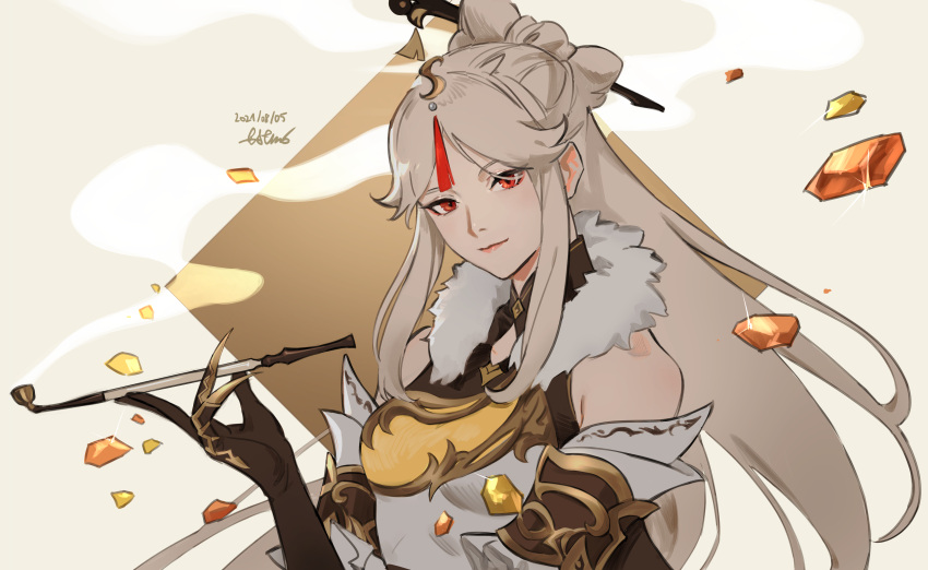 1girl, absurdres, breasts, china_dress, chinese_clothes, cigarette_holder, dress, genshin_impact, hair_bun, hair_ornament, highres, holding, long_hair, looking_at_viewer, ningguang_(genshin_impact), opium_pipe, red_eyes, roru_(lol_dessin), smile, solo, upper_body, white_hair