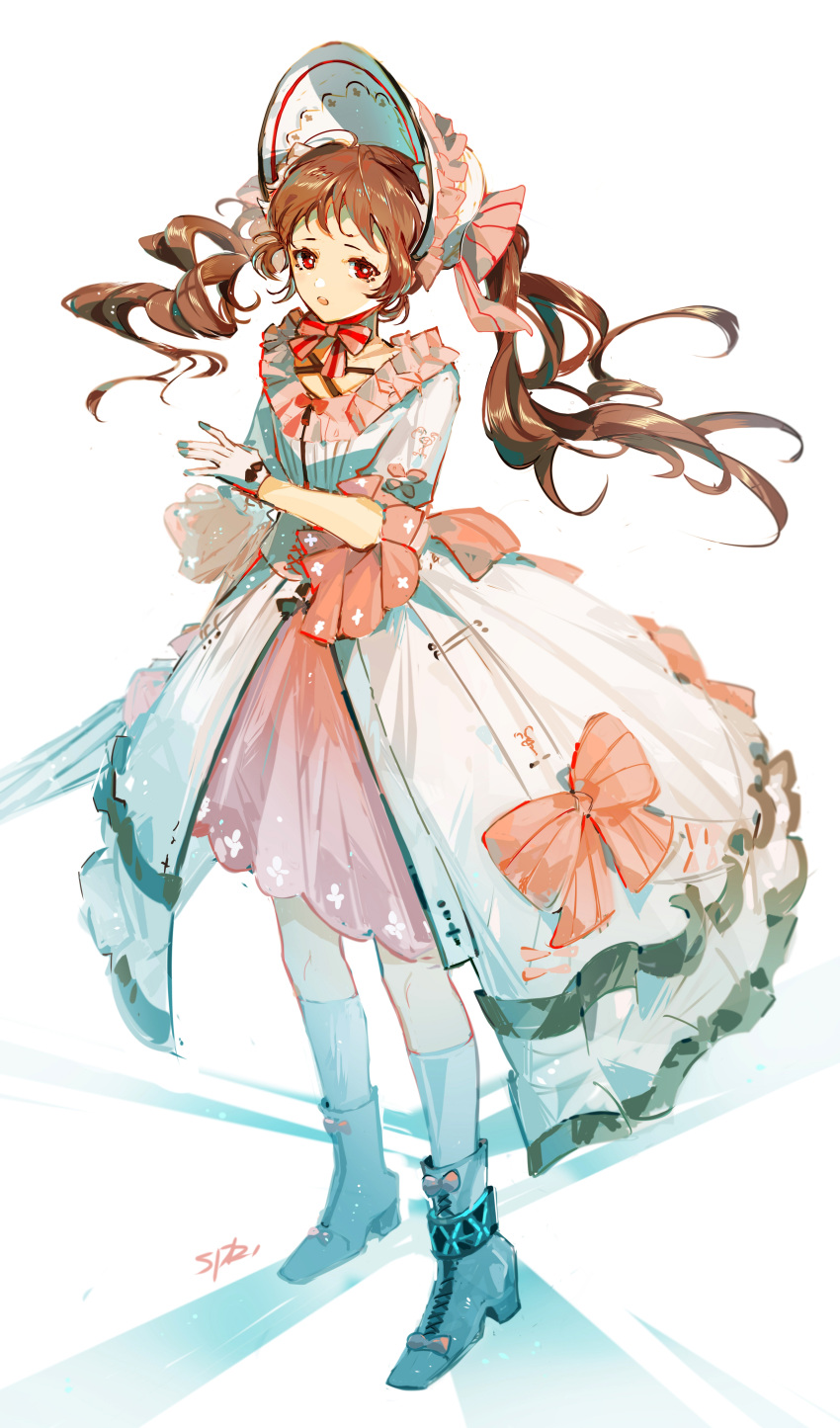 1girl, absurdres, ambience_synesthesia, arknights, bangs, bonnet, boots, bow