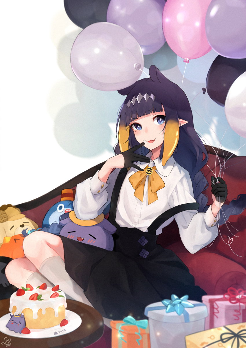 1girl, absurdres, animal_ears, balloon, bangs, black_gloves, black_hair, black_skirt