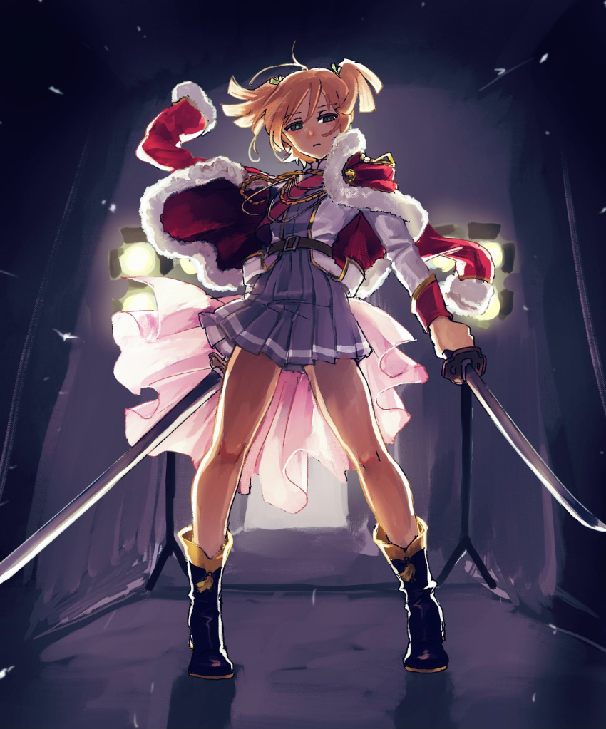 1girl, ahoge, aiguillette, belt, blonde_hair, daiba_nana, dual_wielding, expressionless