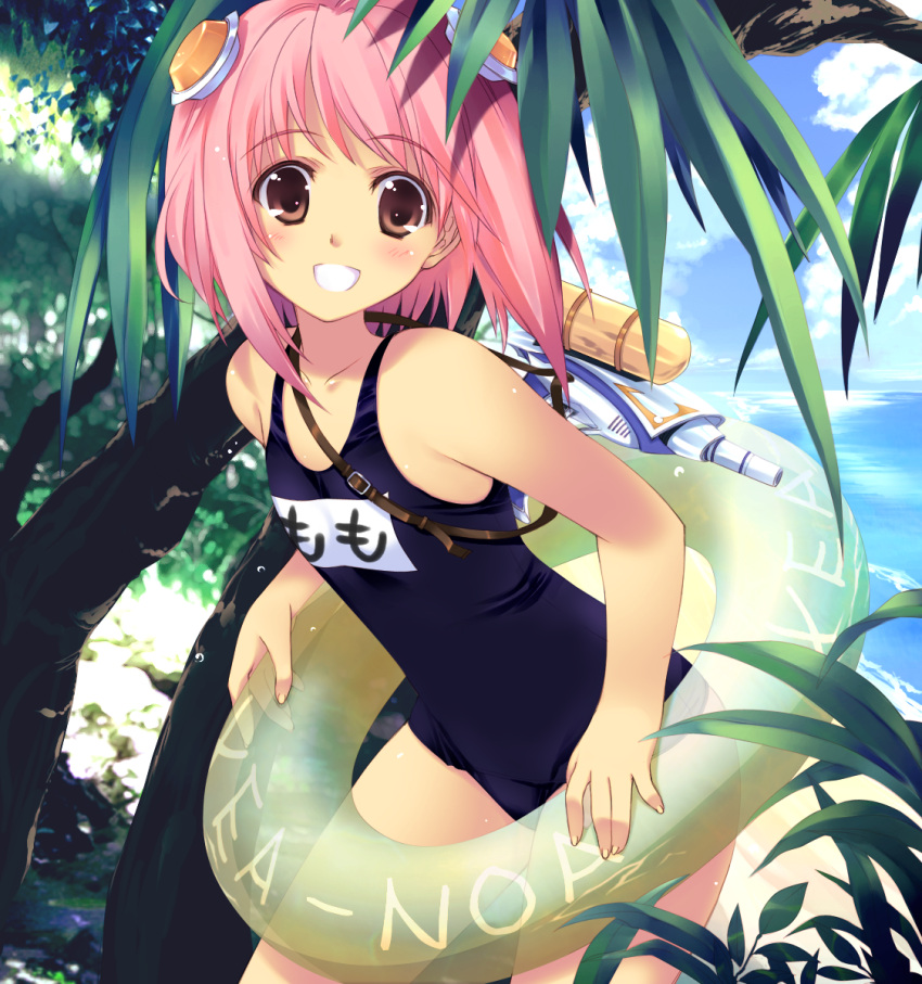 blush, duplicate, highres, iizuki_tasuku, innertube, m.o.m.o., mizrahi_momo, name_tag, one-piece_swimsuit, pink_eyes, pink_hair, school_swimsuit, short_hair, solo, swimsuit, swimsuit, water_gun, xenosaga