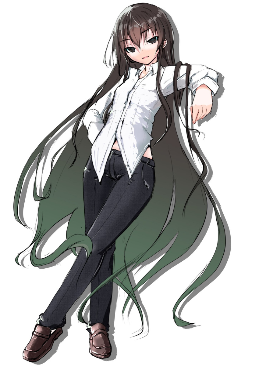 1girl, bangs, black_eyes, black_hair, dress_shirt, full_body, hair_between_eyes, highres
