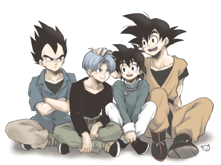 4boys, ayata_1010, black_eyes, black_footwear, black_hair, black_shirt, blue_hair, boots, chinese_clothes, crossed_arms, dougi, dragon_ball, dragon_ball_super, dragon_ball_super_super_hero, father_and_son, hand_in_another's_hair, highres, looking_at_another, male_focus, multiple_boys, open_mouth, saiyan, shirt, short_hair, simple_background, sitting, smile, son_goku, son_goten, spiky_hair, trunks_(dragon_ball), vegeta, white_background