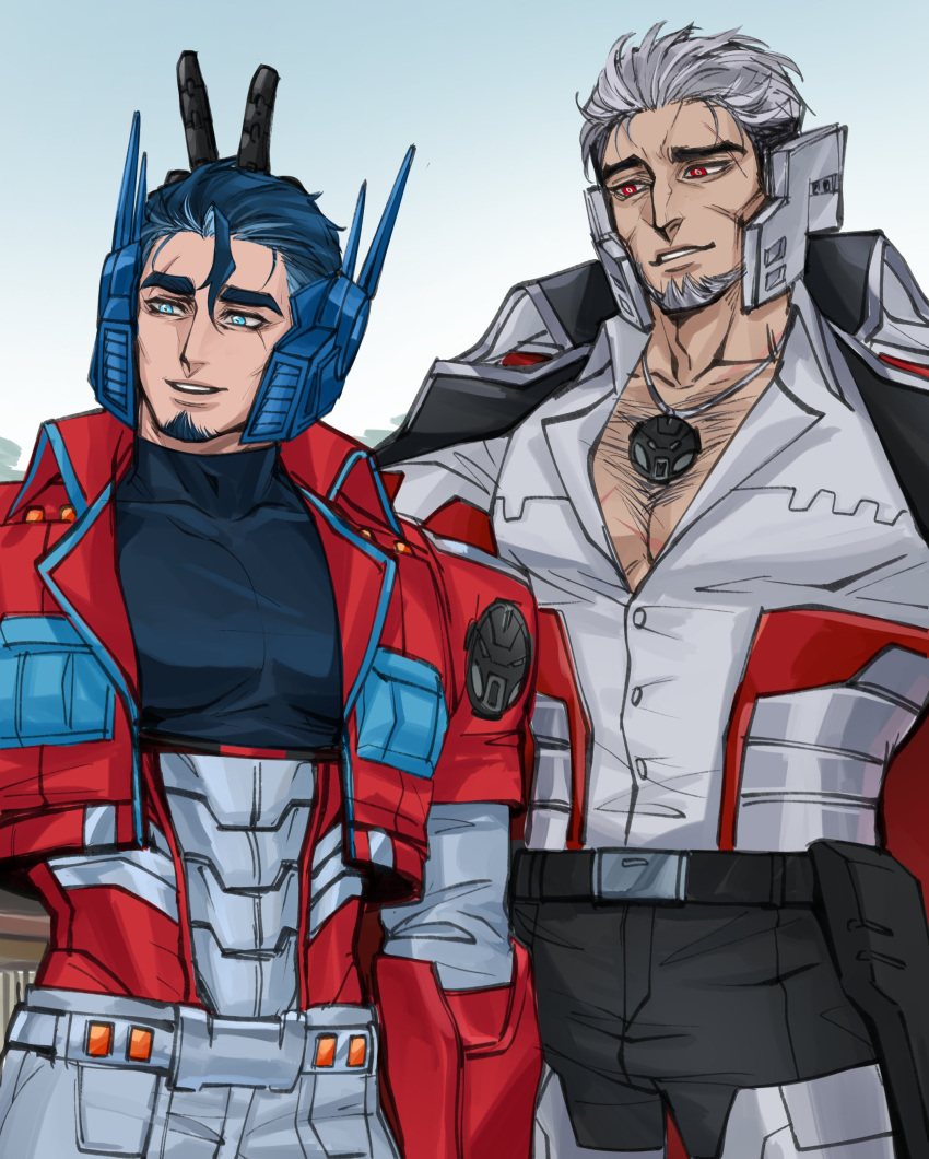 2boys, absurdres, autobot, blue_eyes, blue_hair, bunny_ears_prank, cowboy_shot, decepticon, derivative_work, facial_hair, hairy, highres, humanization, insignia, large_pectorals, looking_at_another, male_focus, mecha, megatron, multiple_boys, optimus_prime, pectorals, red_eyes, robot, science_fiction, screencap_redraw, sin0ky, size_difference, teeth, transformers, transformers:_earth_spark, white_hair
