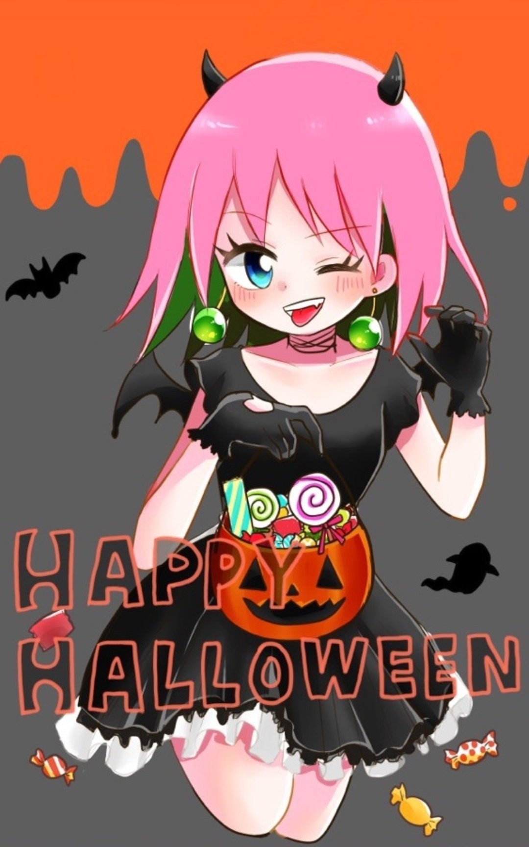 1girl, fake_wings, halloween, happy_halloween, highres, looking_at_viewer, open_mouth, short_hair, smile, solo, takana_bb, wings