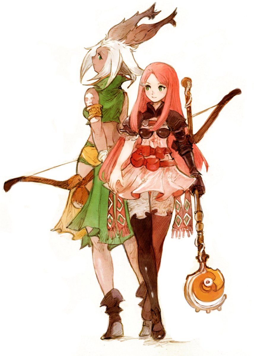 2girls, animal_ears, armor, armored_dress, back-to-back, boots, bow_(weapon), crop_top