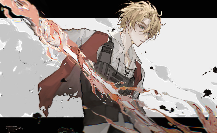 abstract_background, absurdres, anderson_hood, bangs, blonde_hair, chinese_commentary, collarbone, colored_eyelashes, commentary_request, erligte, fire, green_eyes, highres, holding, holding_sword, holding_weapon, jacket, looking_ahead, lord_of_the_mysteries, parted_lips, red_jacket, shirt, short_hair, sleeveless, sleeveless_jacket, smoke, sword, teeth, vest, weapon, white_shirt
