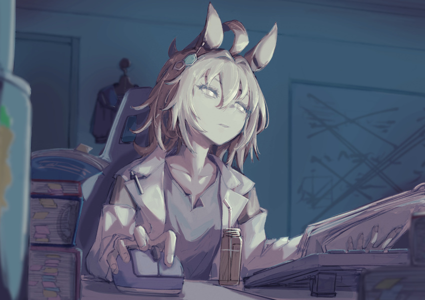 1girl, absurdres, agnes_tachyon_(umamusume), ahoge, animal_ears, bangs, blurry, blurry_foreground