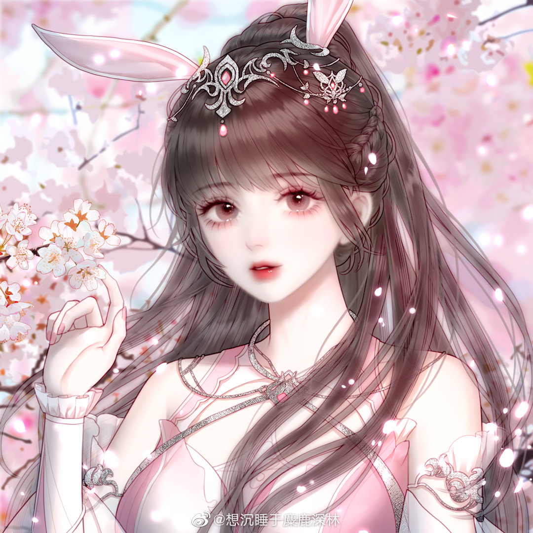 1girl, animal_ears, blue_sky, braid, branch, brown_hair, cherry_blossoms, douluo_dalu