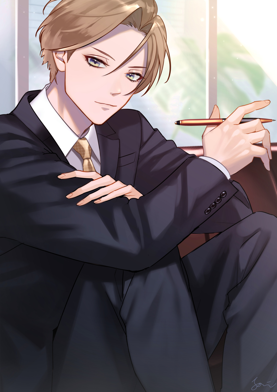 1boy, black_pants, black_suit, brown_hair, formal, highres, holding, holding_pen