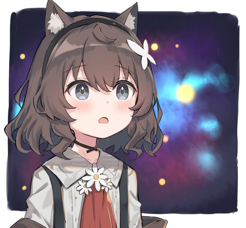 animal_ear_fluff, animal_ears, bangs, black_hairband, blush, brown_hair, cat_ears, cat_girl
